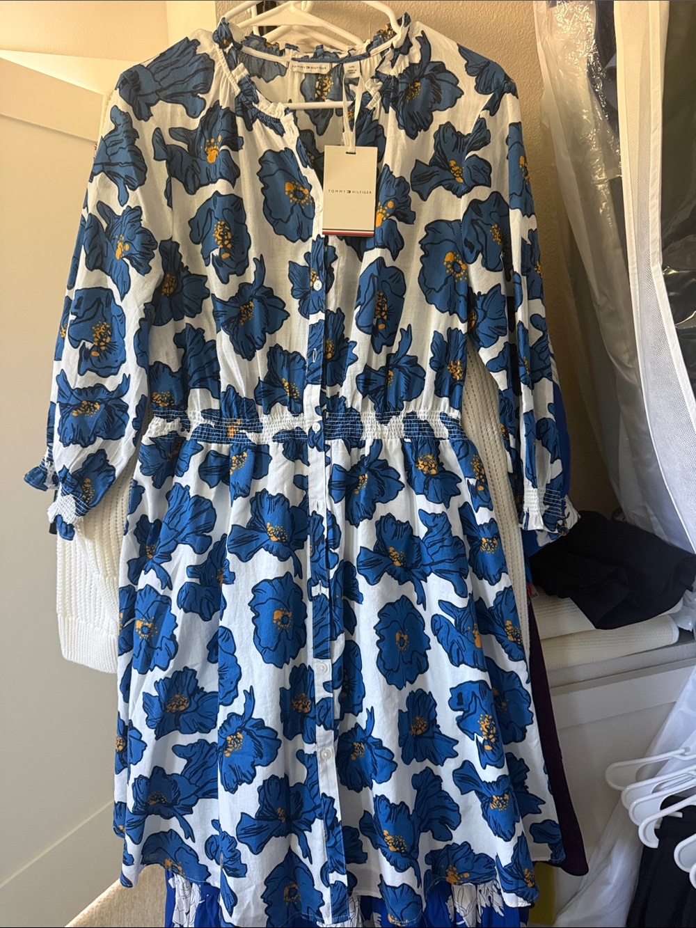 Tommy Hilfiger White Dress with Bold Blue Floral Print NWT L